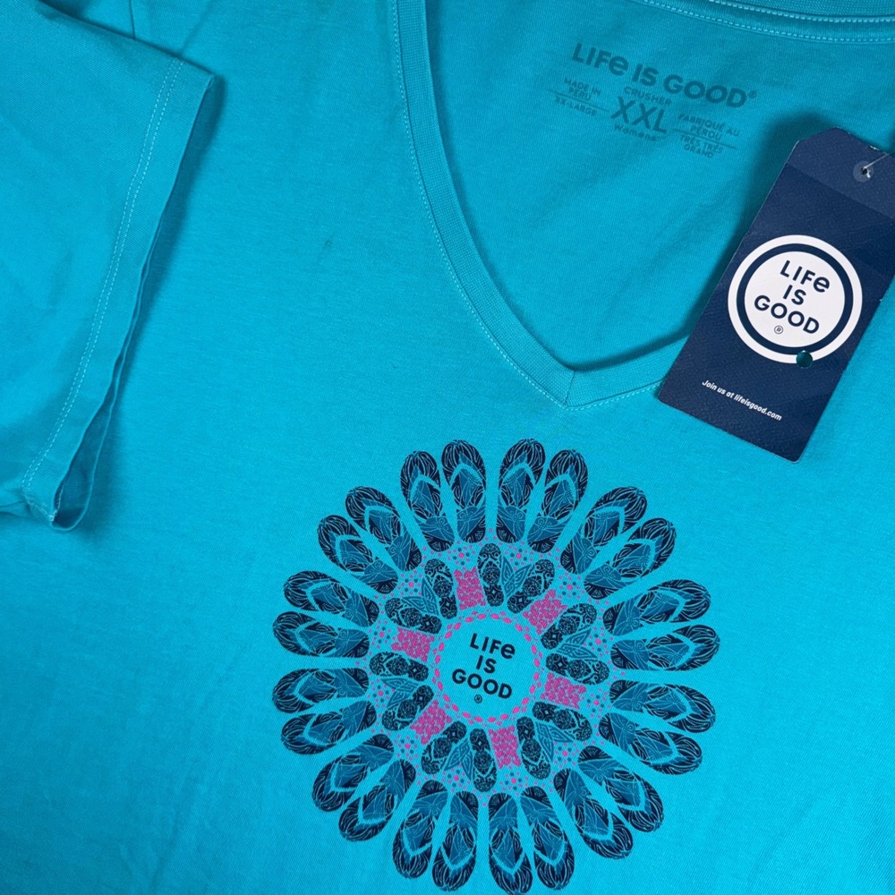 Life is Good Crusher Tee Womens XXL Blue Flip Flop Mandala V-Neck Short Sleeve